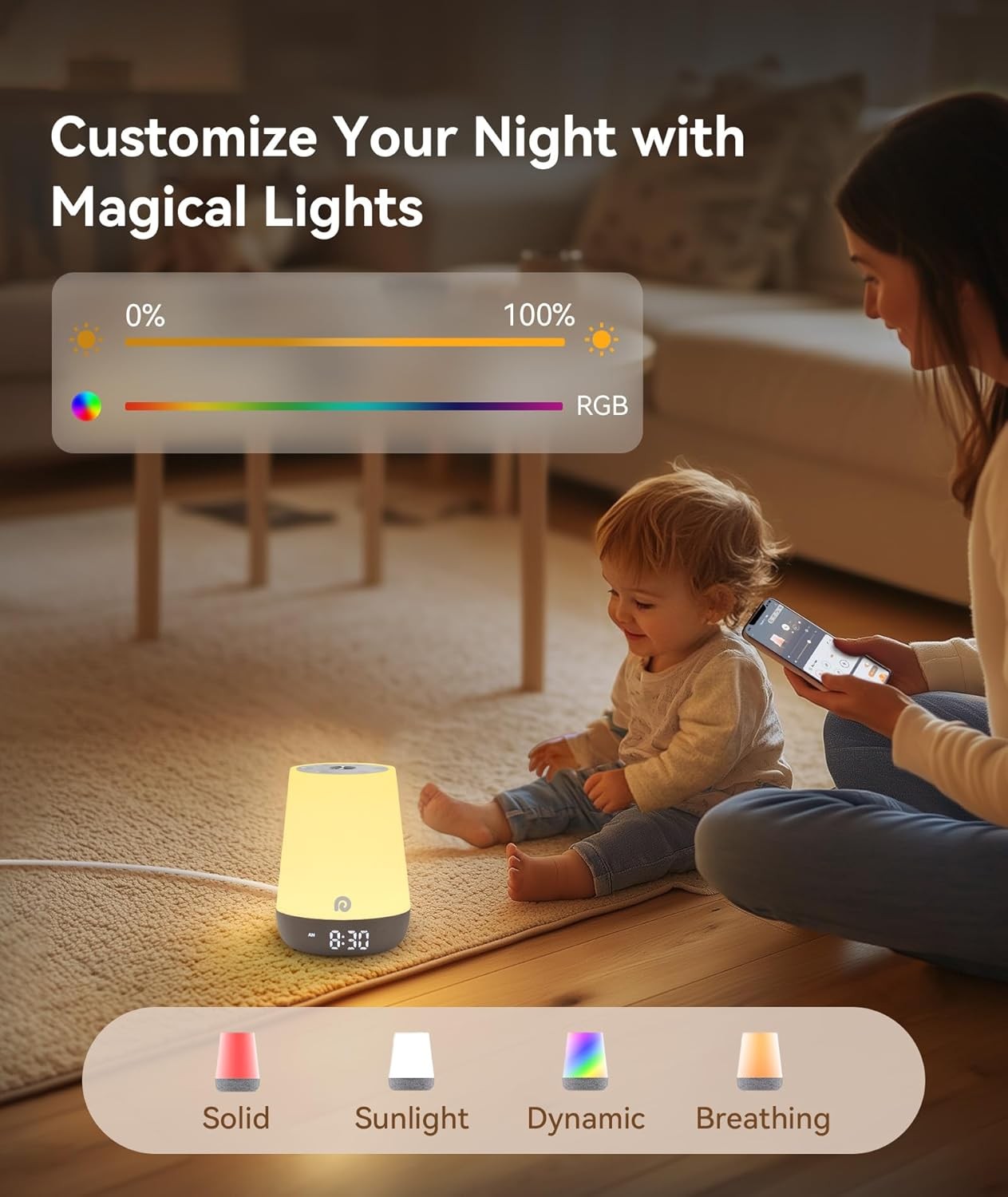 White Kids Sleep Trainer Clock White Noise Machine Night Light App Control