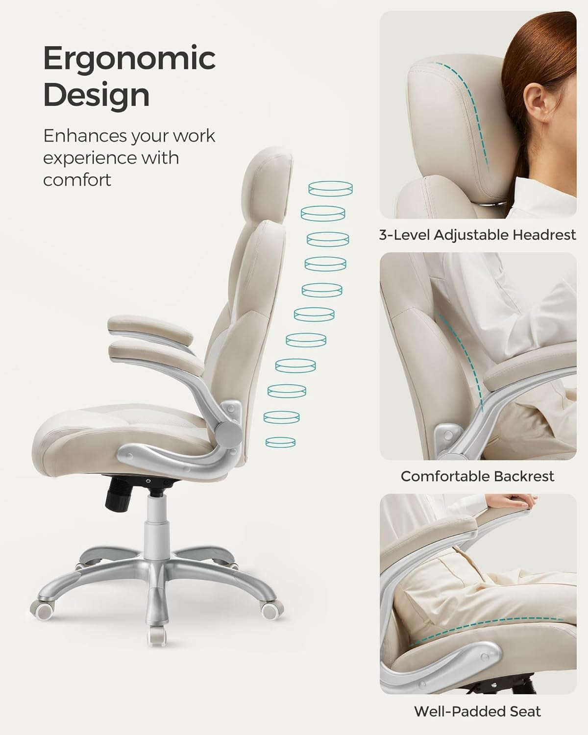 Executive Office Chair Swivel Cream White Adjustable Desk Seat 150kg Tilt