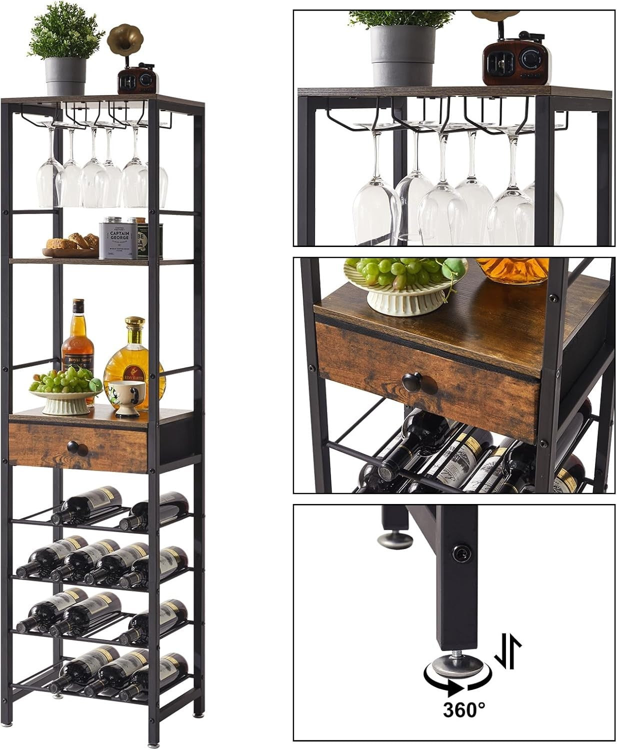 Freestanding Wine Rack Bar Cabinet with Drawer 16 Bottle Storage Shelf