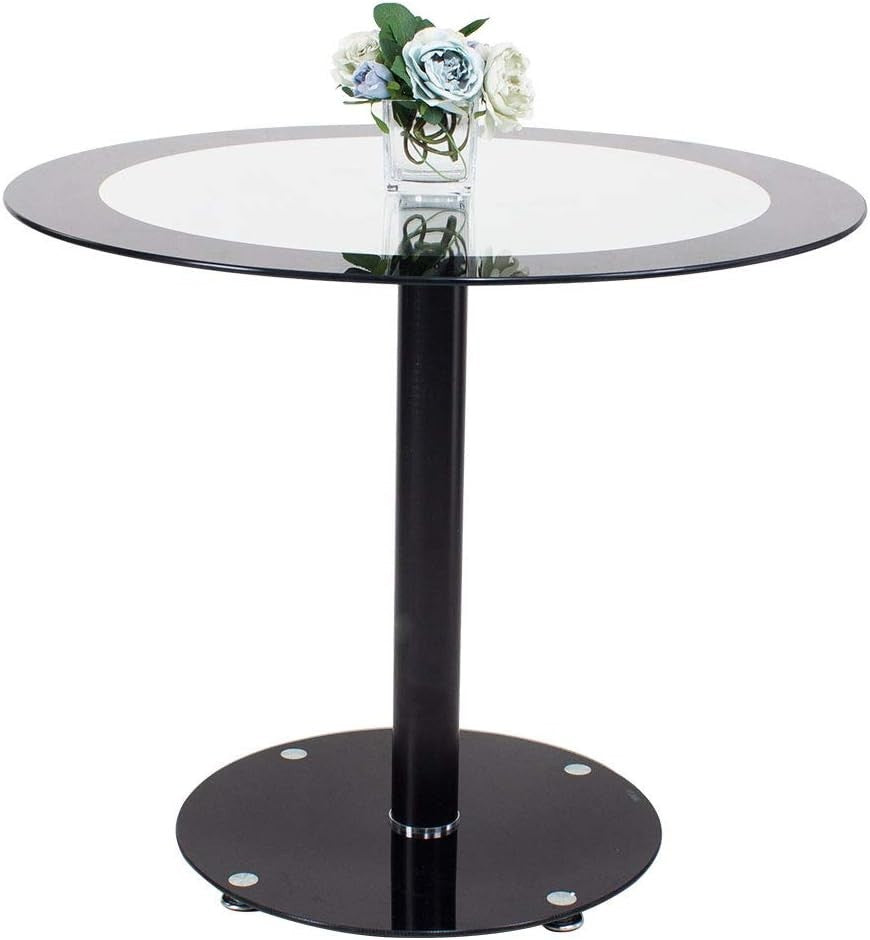Round Glass Dining Table 90cm Black Tempered Metal Base Kitchen Table