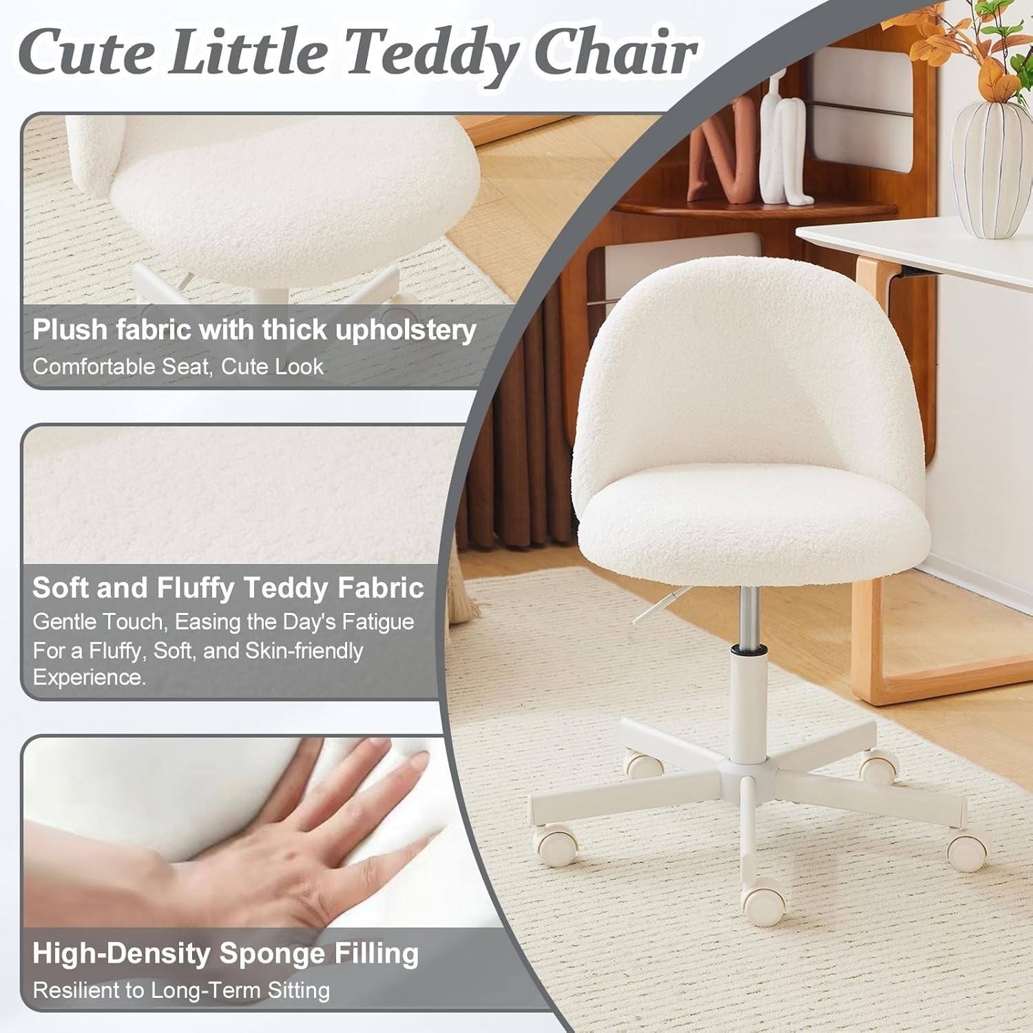 Elegant White Teddy Fleece Swivel Desk Chair Small Adjustable Vanity Seat