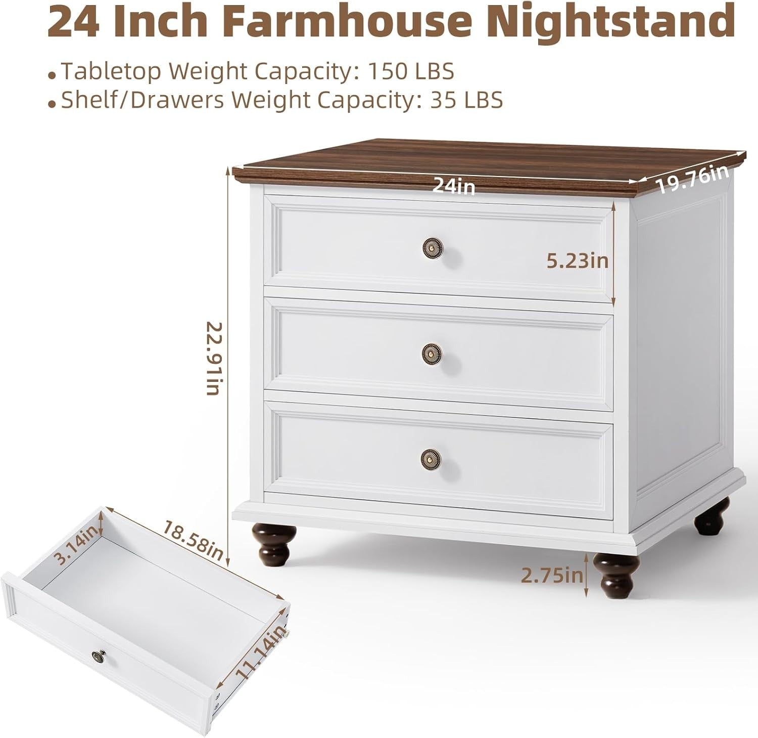 White Wooden Bedside Table with 3 Drawers – Rustic Nightstand