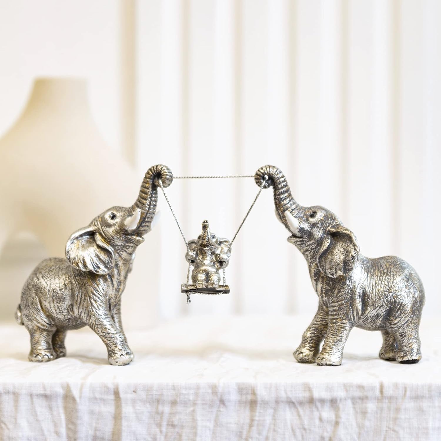 Silver Elephant Figurine Set Good Luck Home Decor Resin Centerpiece Gift
