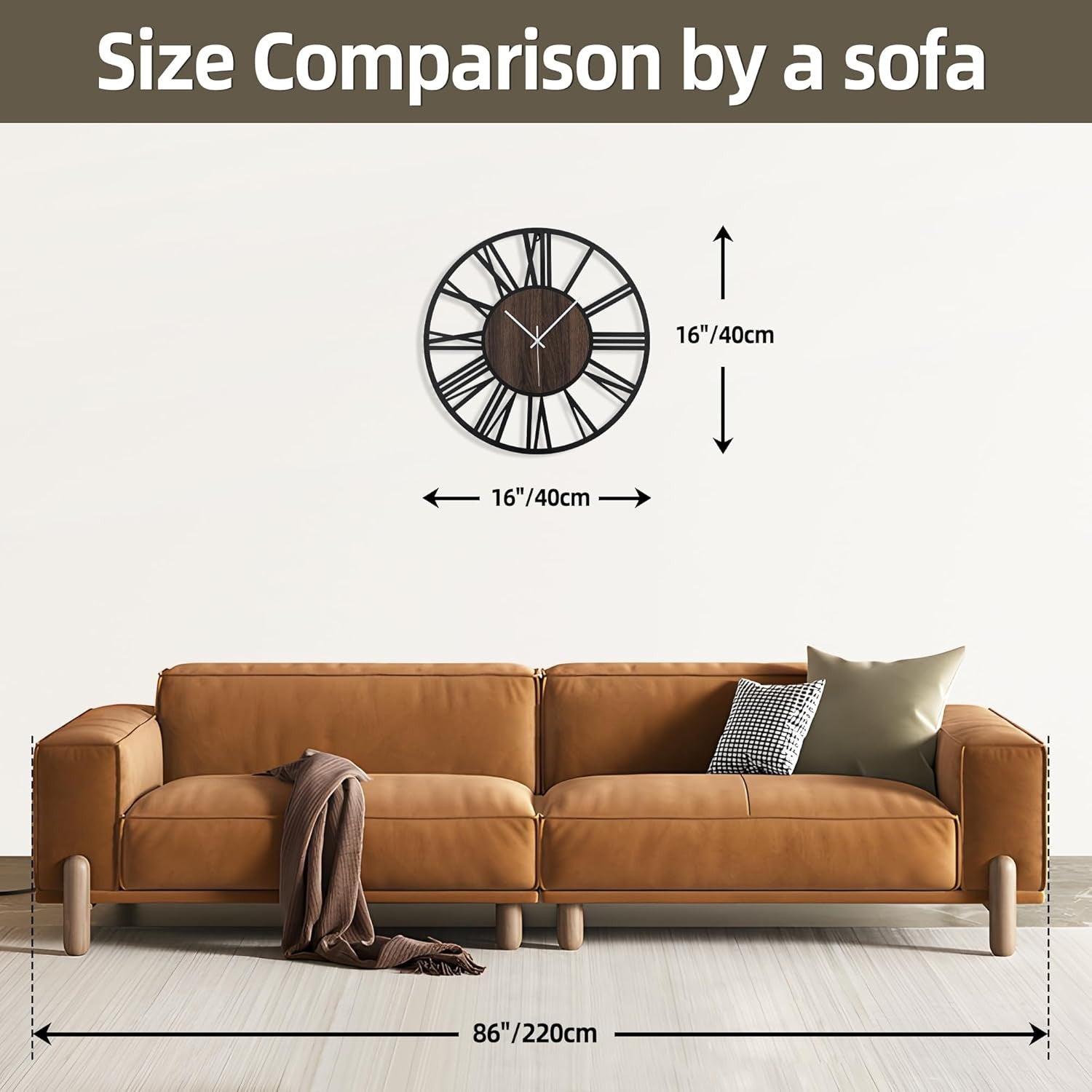 16" Large Wall Clock Dark Wood & Metal Silent Roman Numerals Modern Decor