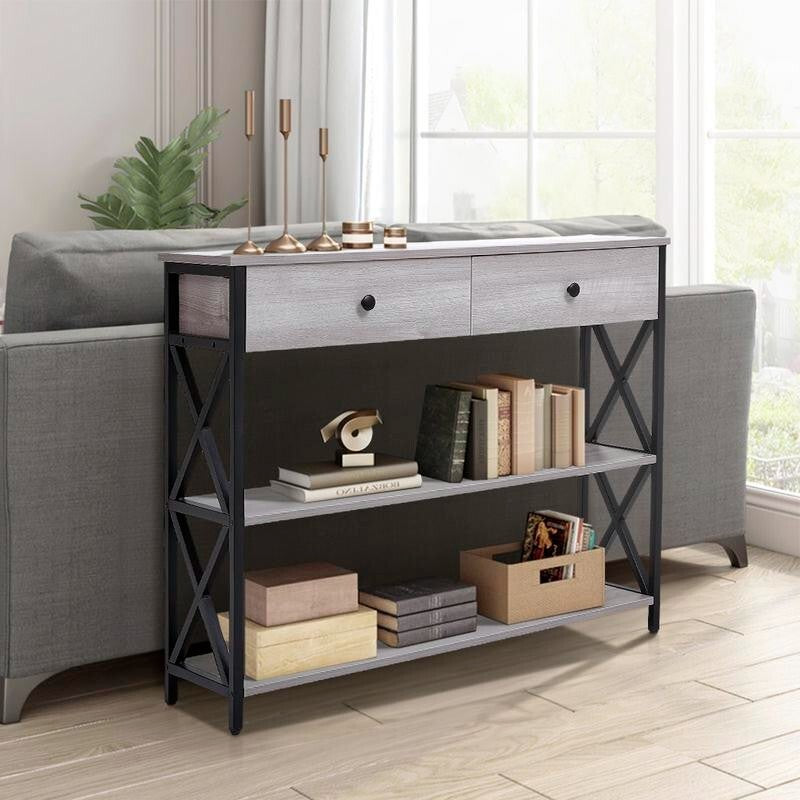 Rustic Grey Narrow Wooden Console Table with Drawers
