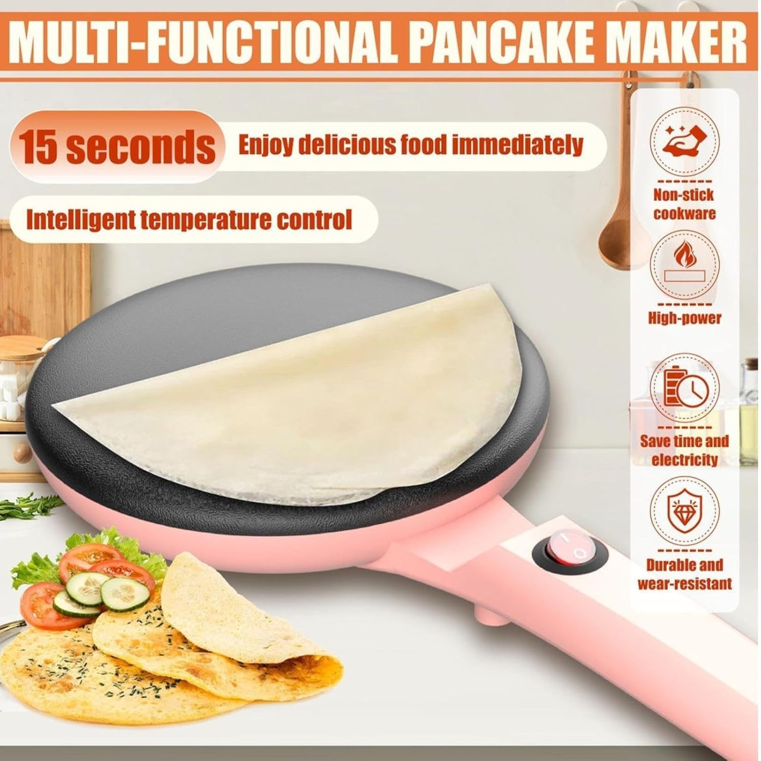 8" Electric Crepe Maker Nonstick Pan Long Handle Fast Heating Portable Pink