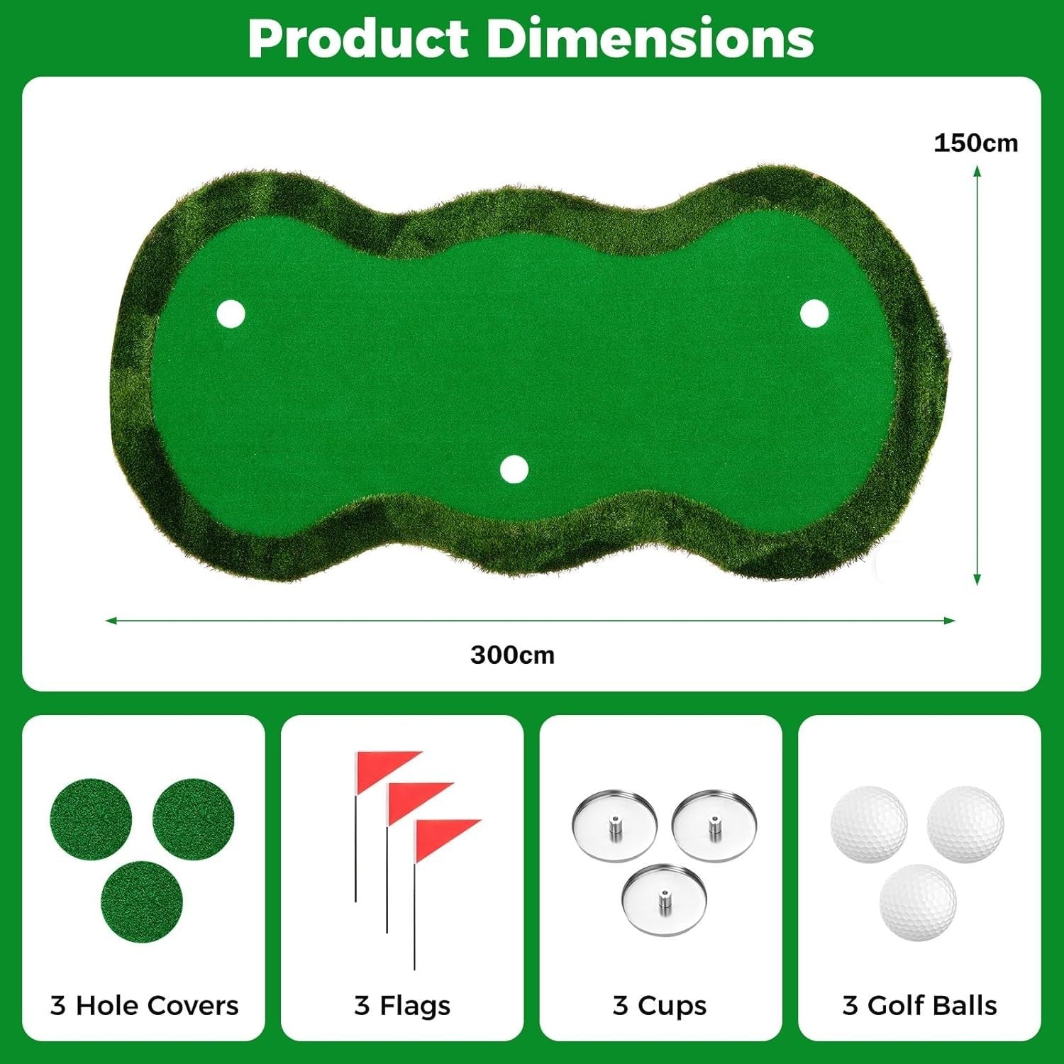10FT Golf Putting Green Mat Indoor Outdoor Practice w/ 3 Holes & Balls