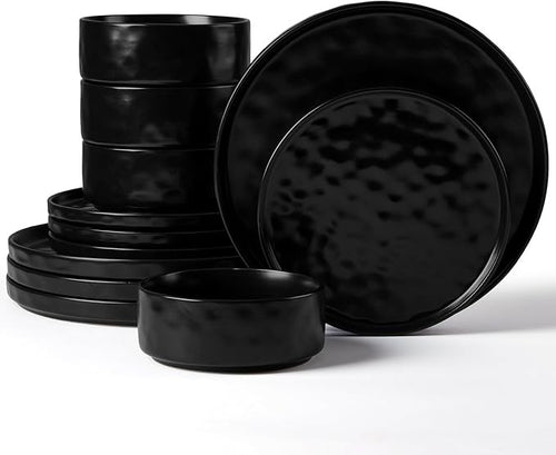 12 Piece Matte Black Stoneware Dinner Set for 4 Reactive Glaze Plates Bowls