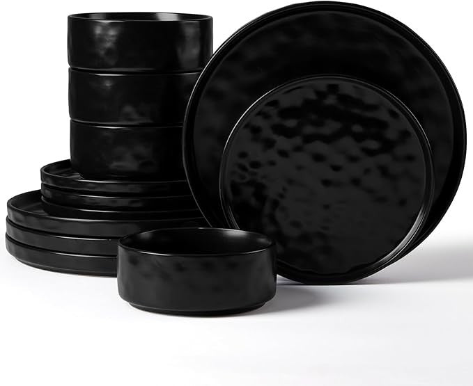 12 Piece Matte Black Stoneware Dinner Set for 4 Reactive Glaze Plates Bowls