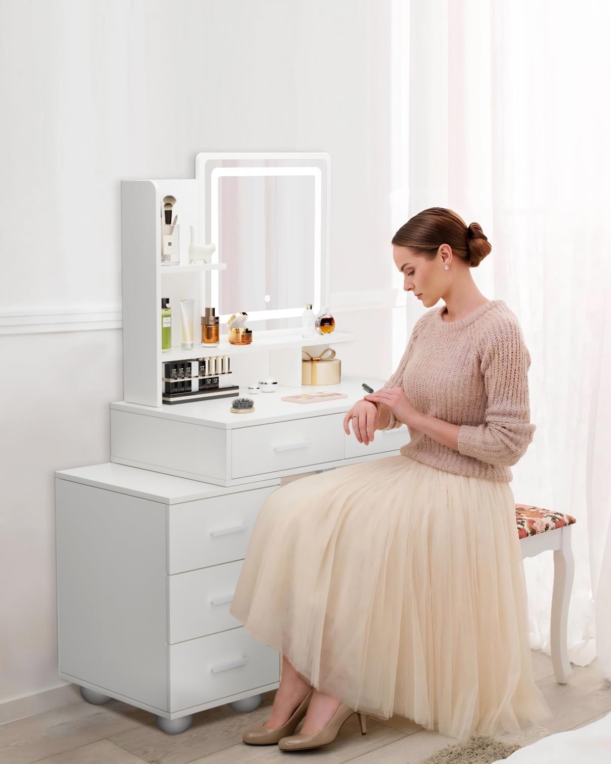 White Dressing Table LED Mirror 5 Drawers Flexible Vanity Desk Makeup Storage