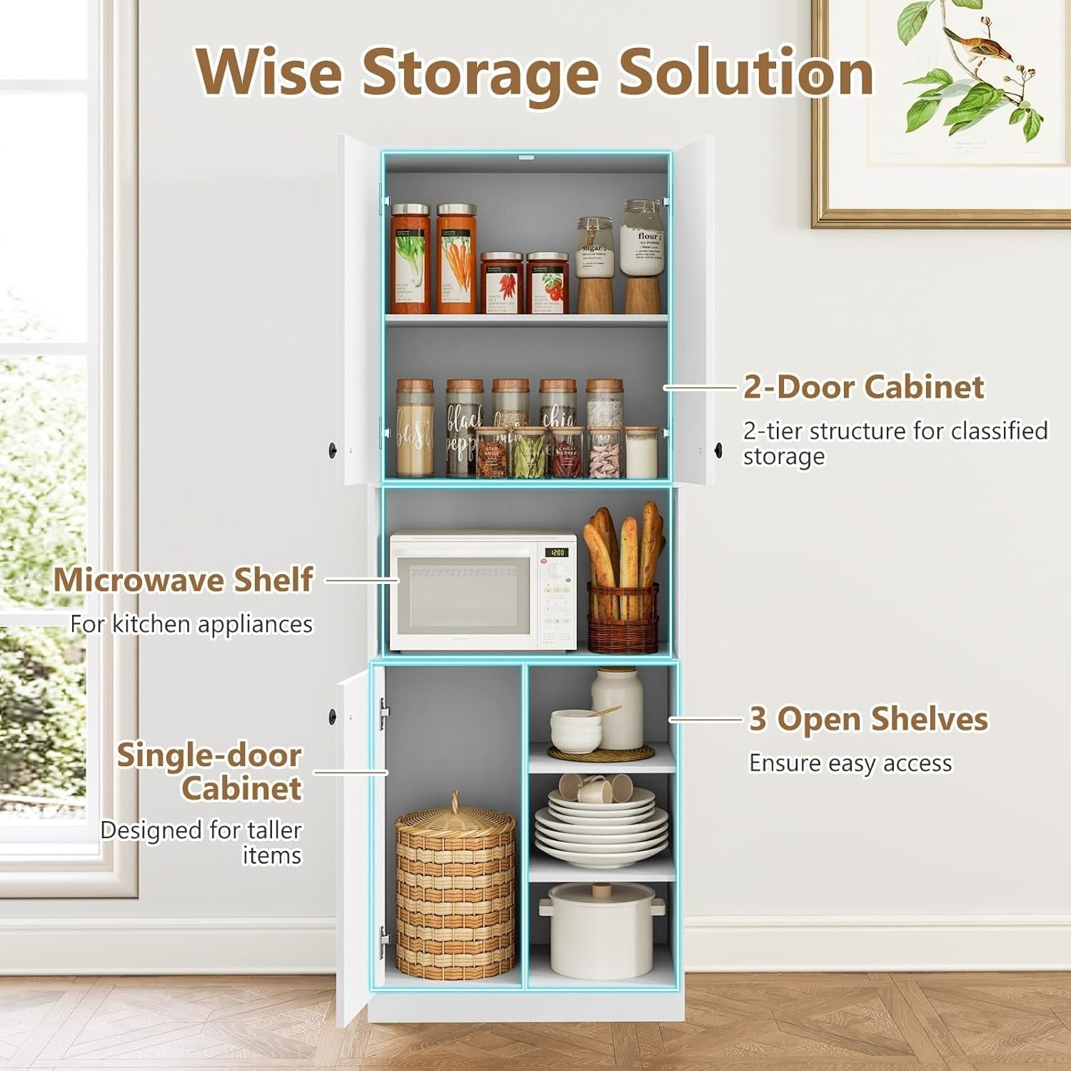Tall Kitchen Cupboard White 3-Door Pantry Cabinet with Open Shelves