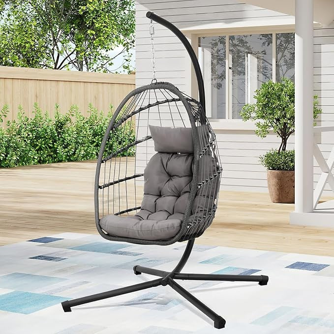 Hanging Egg Chair with Stand Rattan Swing Seat Cushion Indoor Outdoor Garden