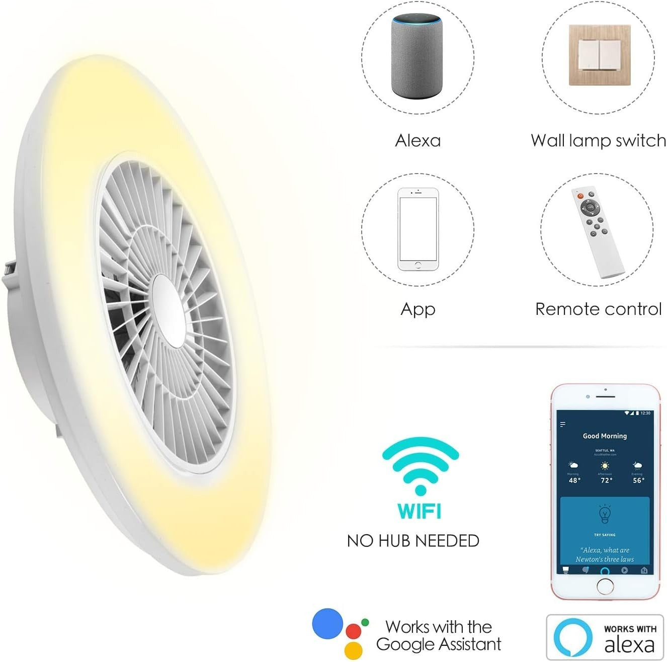 Smart LED Ceiling Fan Light, Stepless Speed & Dimming 3000-5500K, 60CM White