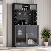 72" Wine Bar Cabinet with Hutch, Power Outlet, Storage Shelves & Glass Rack