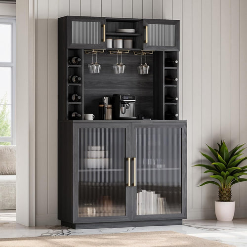 72" Wine Bar Cabinet with Hutch, Power Outlet, Storage Shelves & Glass Rack