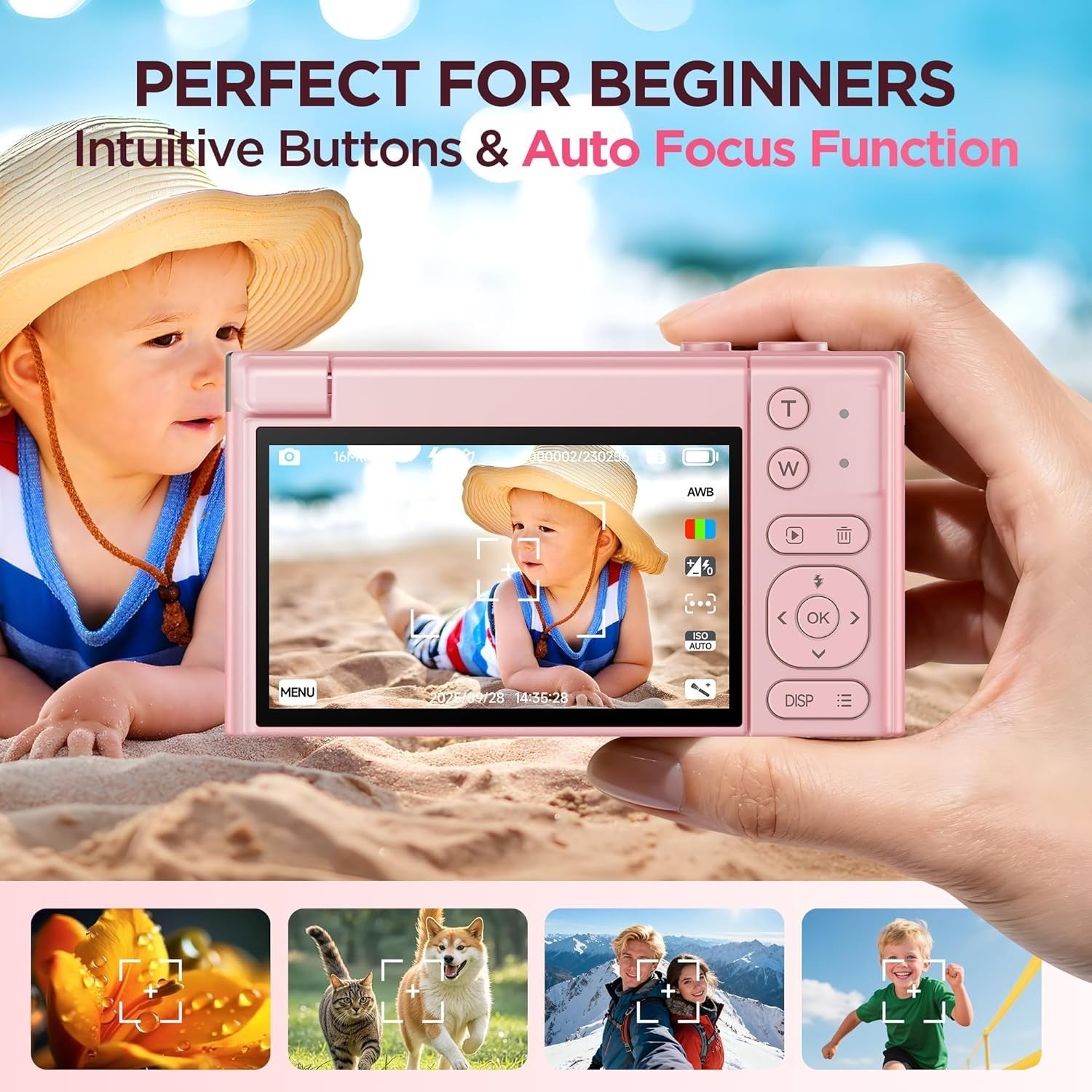 Pink 4K 64MP Vlogging Camera Flip Screen 16X Zoom Compact Camera