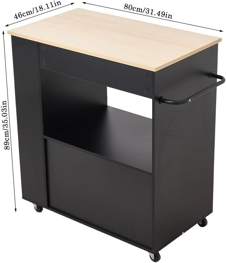 Mobile Kitchen Island Trolley with Drawer & Cabinet, Wheels, Black Wood Finish
