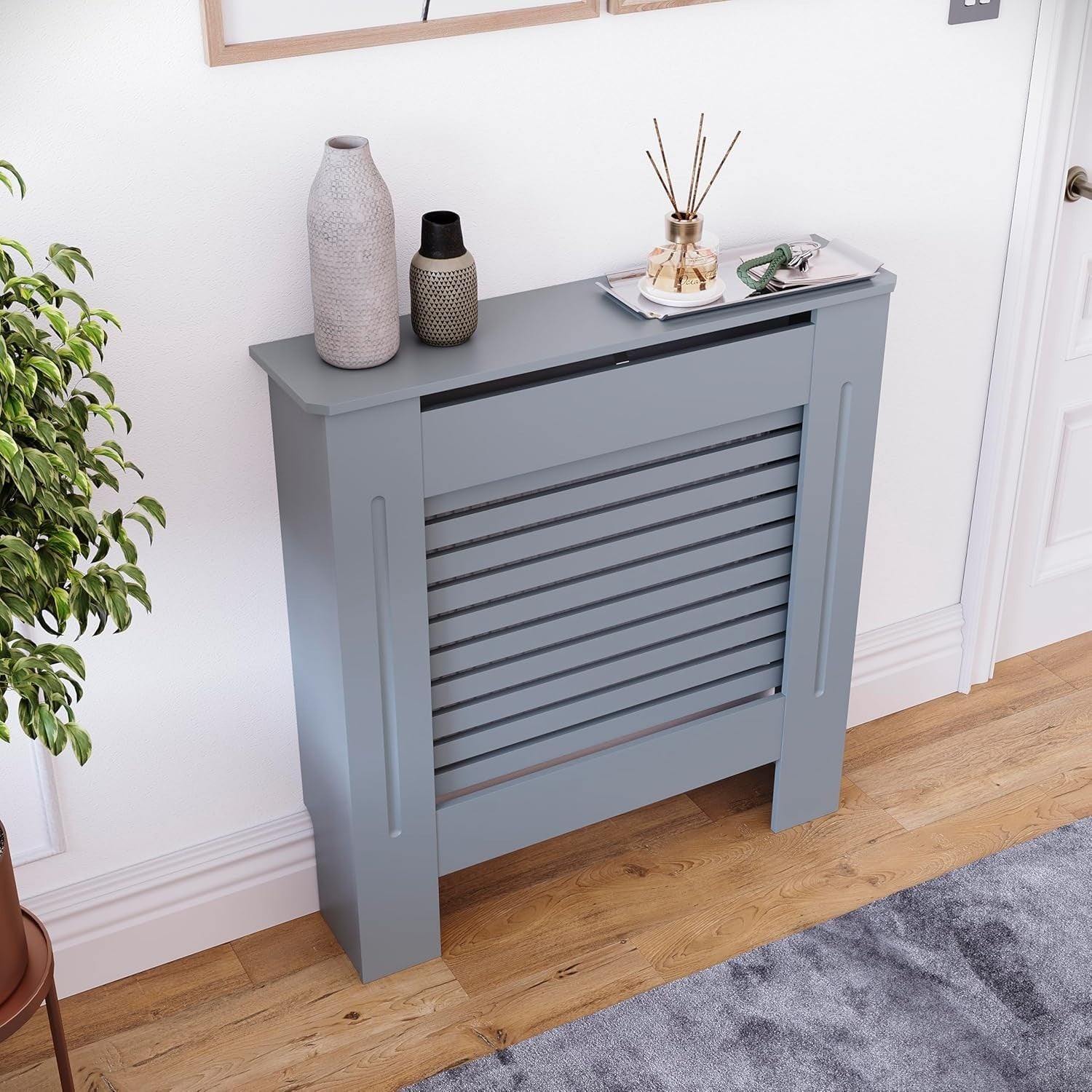 Small Grey Radiator Cover 68x80x16cm Modern MDF Slatted Cabinet for Home Safety