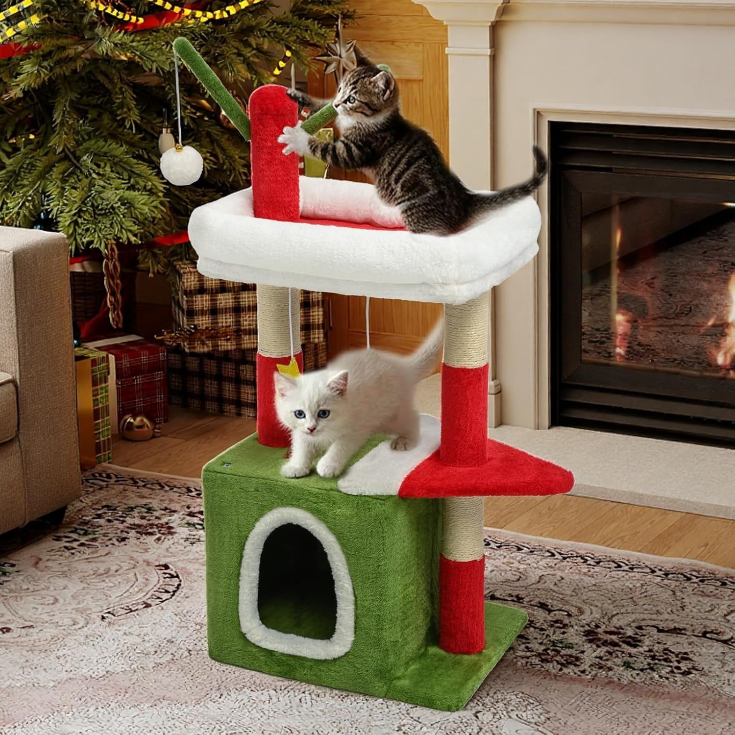 Christmas Cat Tree 81.5cm Festive Scratching Tower with Condo Toys Red Green