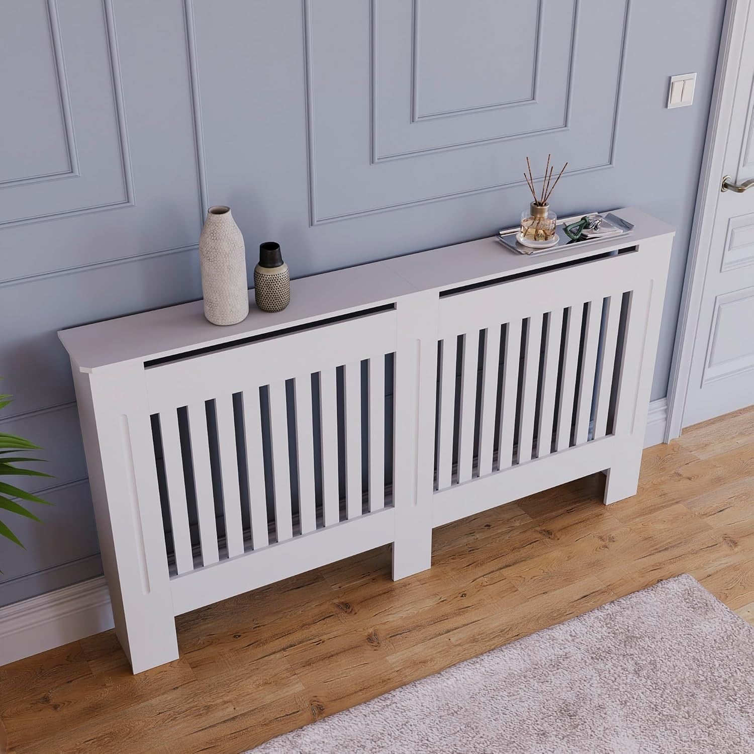 Large White Radiator Cover Cabinet | Modern MDF Slatted Heater Cover with Shelf
