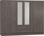 Large 6-Door Black Wood Wardrobe with Mirror & 2 Drawers | Durable Storage