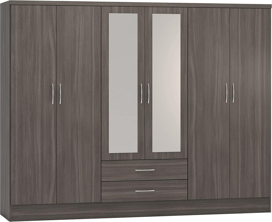 Large 6-Door Black Wood Wardrobe with Mirror & 2 Drawers | Durable Storage