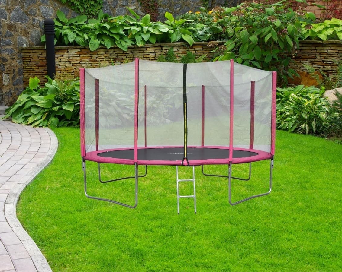 8FT Outdoor Garden Trampoline Safety Net Ladder Padded Poles Pink