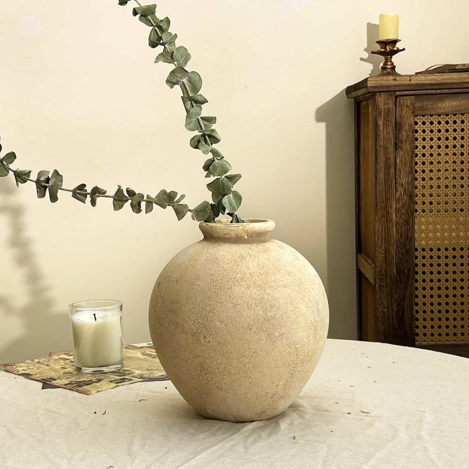 Beige Rustic Ceramic Vase 22cm Terracotta Table Centrepiece Home Decor