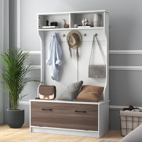 Freestanding Coat Rack with Shoe Bench & Hooks for Hallway Bedroom Home