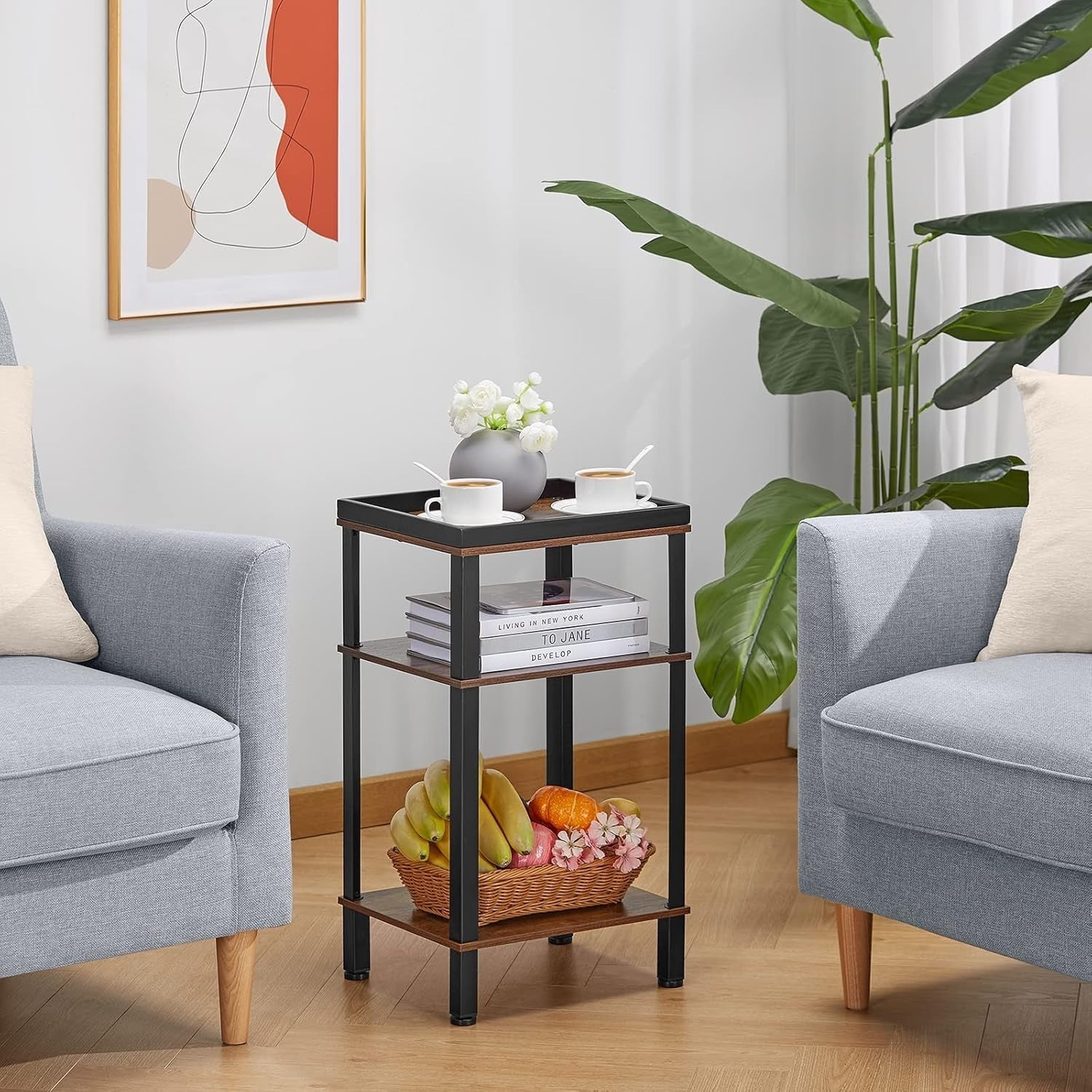 Slim 3-Tier Side Table Narrow End Table with Metal Tray & Wood Shelves