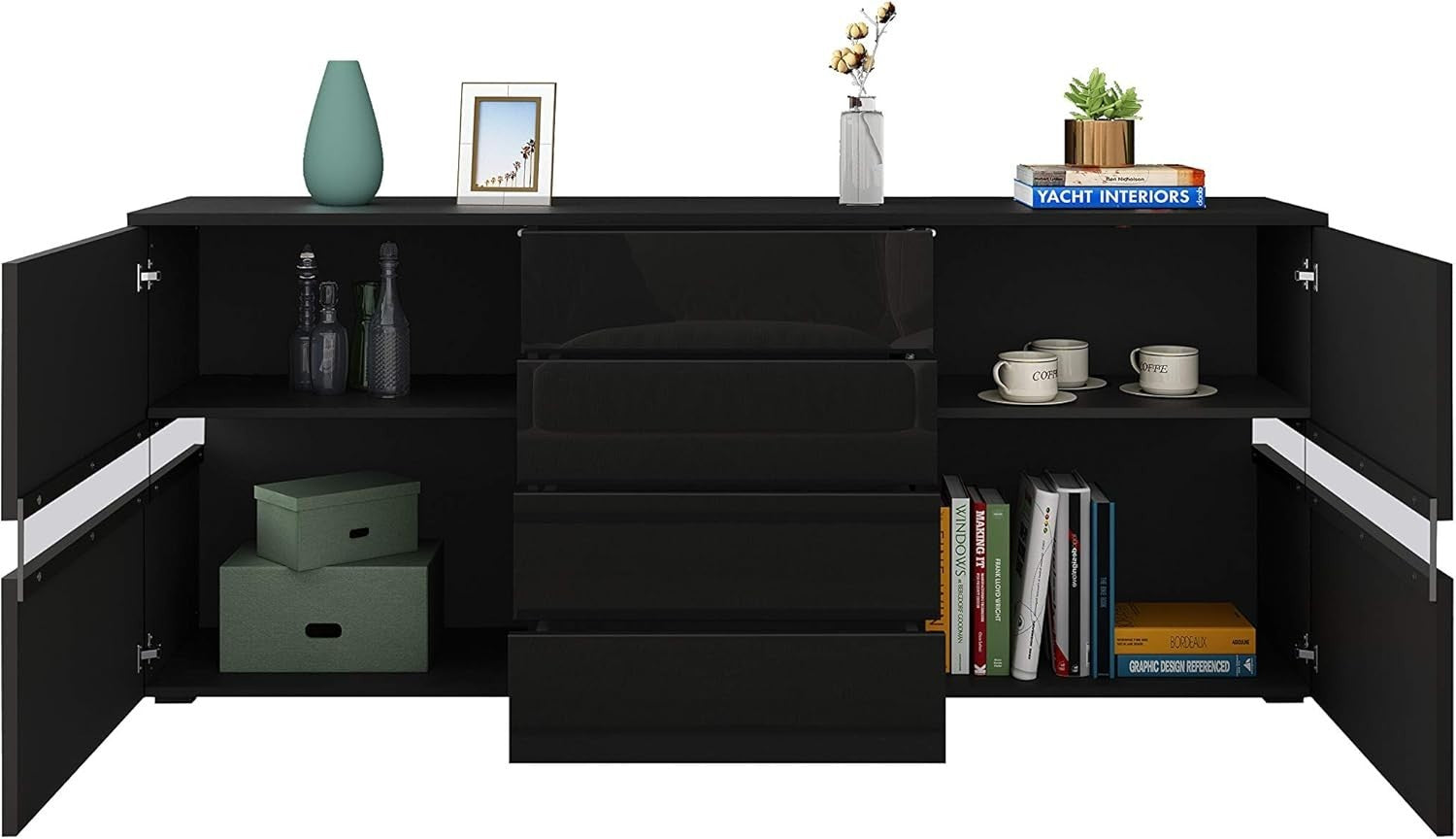 Black Gloss Sideboard LED 4 Drawers 2 Doors Cabinet 177cm TV Unit Modern
