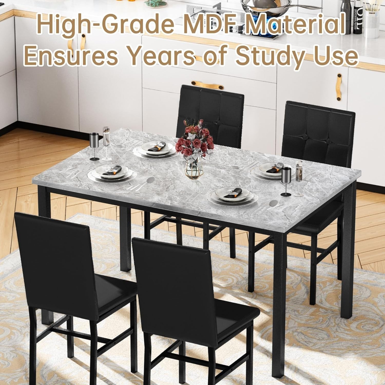 Faux Marble Dining Table & 4 Black PU Leather Chairs Set for Small Rooms