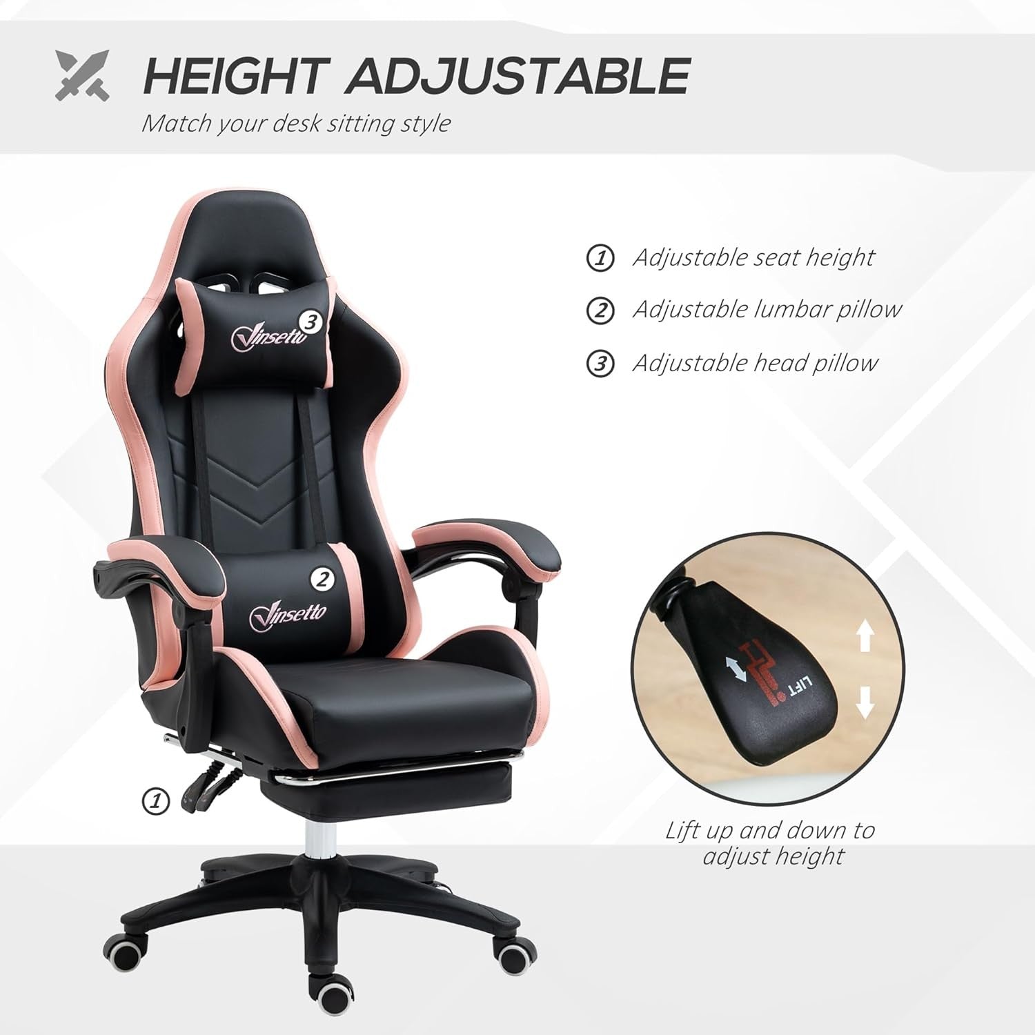Gaming Chair PU Leather Recliner w/ Footrest 135° Swivel Black Pink