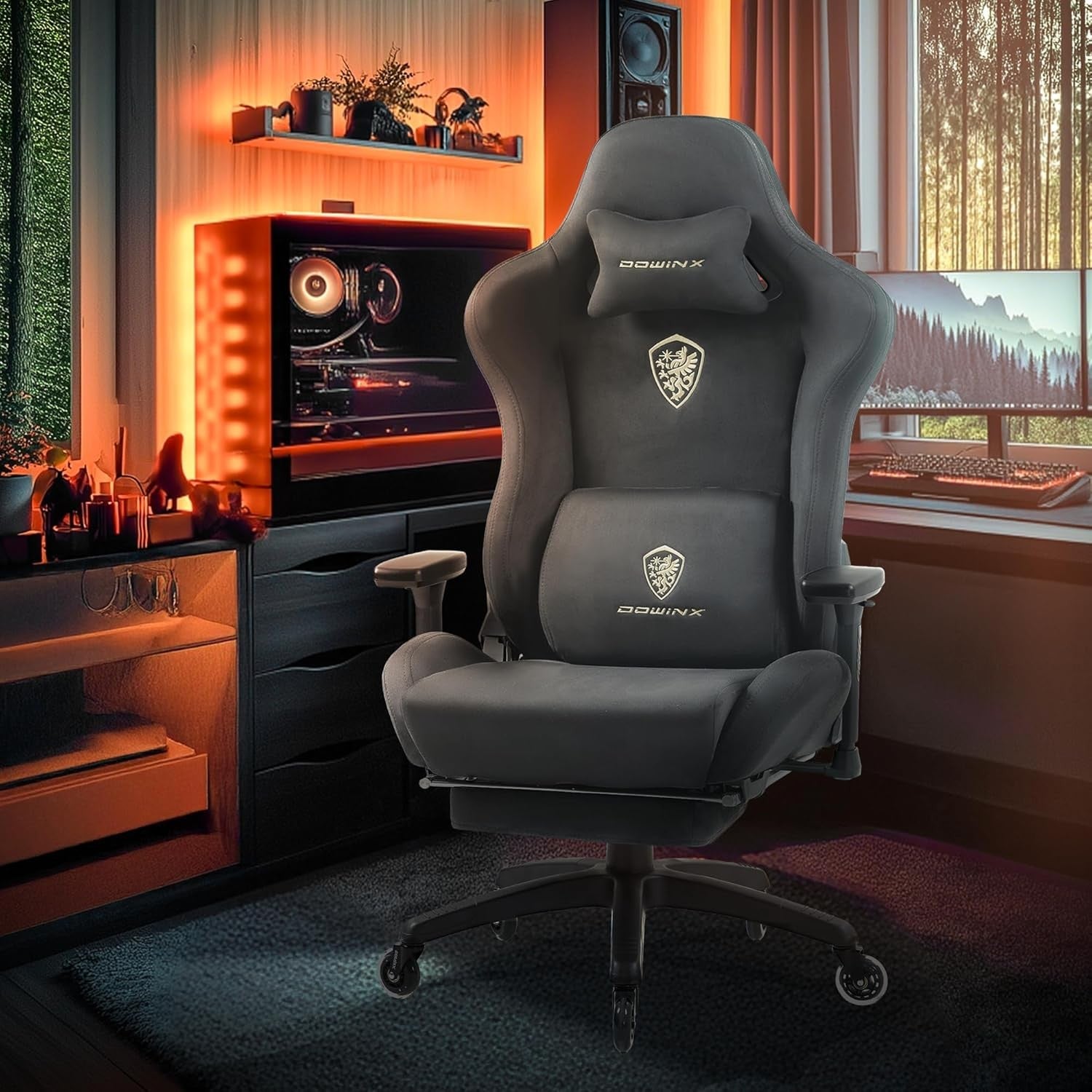 Ergonomic Gaming Chair with Footrest Microfibre Velour Grey