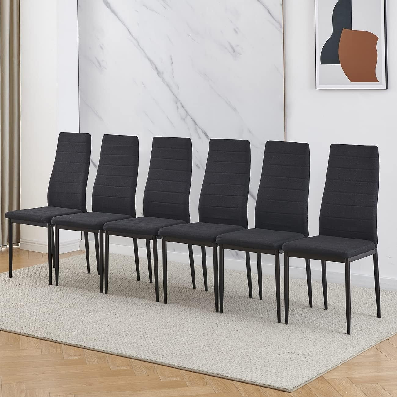 White Dining Table Set + 4 Linen Chairs | Modern 5pc Dining Set Small Space