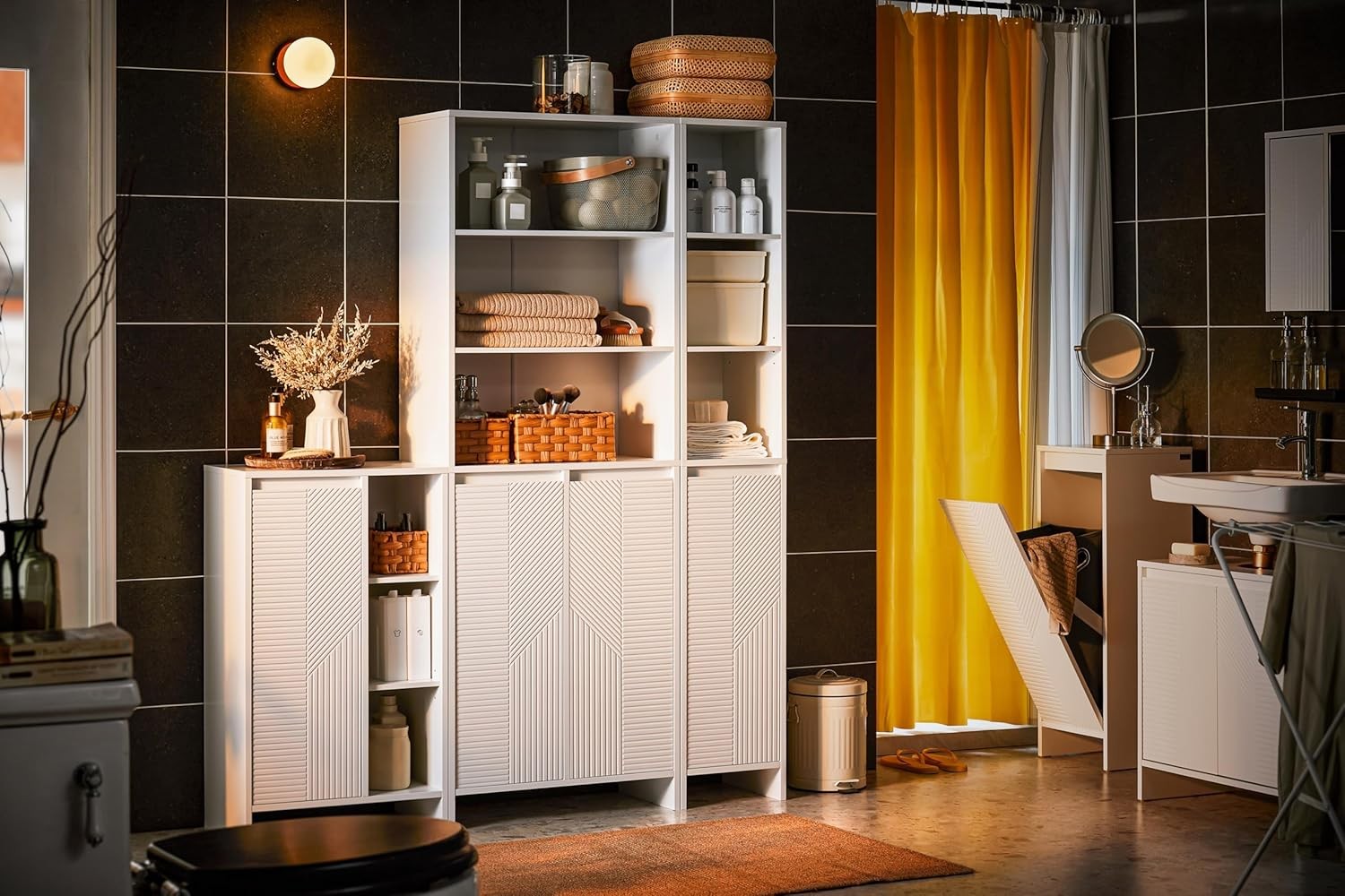 Tall Slim Bathroom Storage Cabinet with Laundry Hamper Adjustable Shelves White