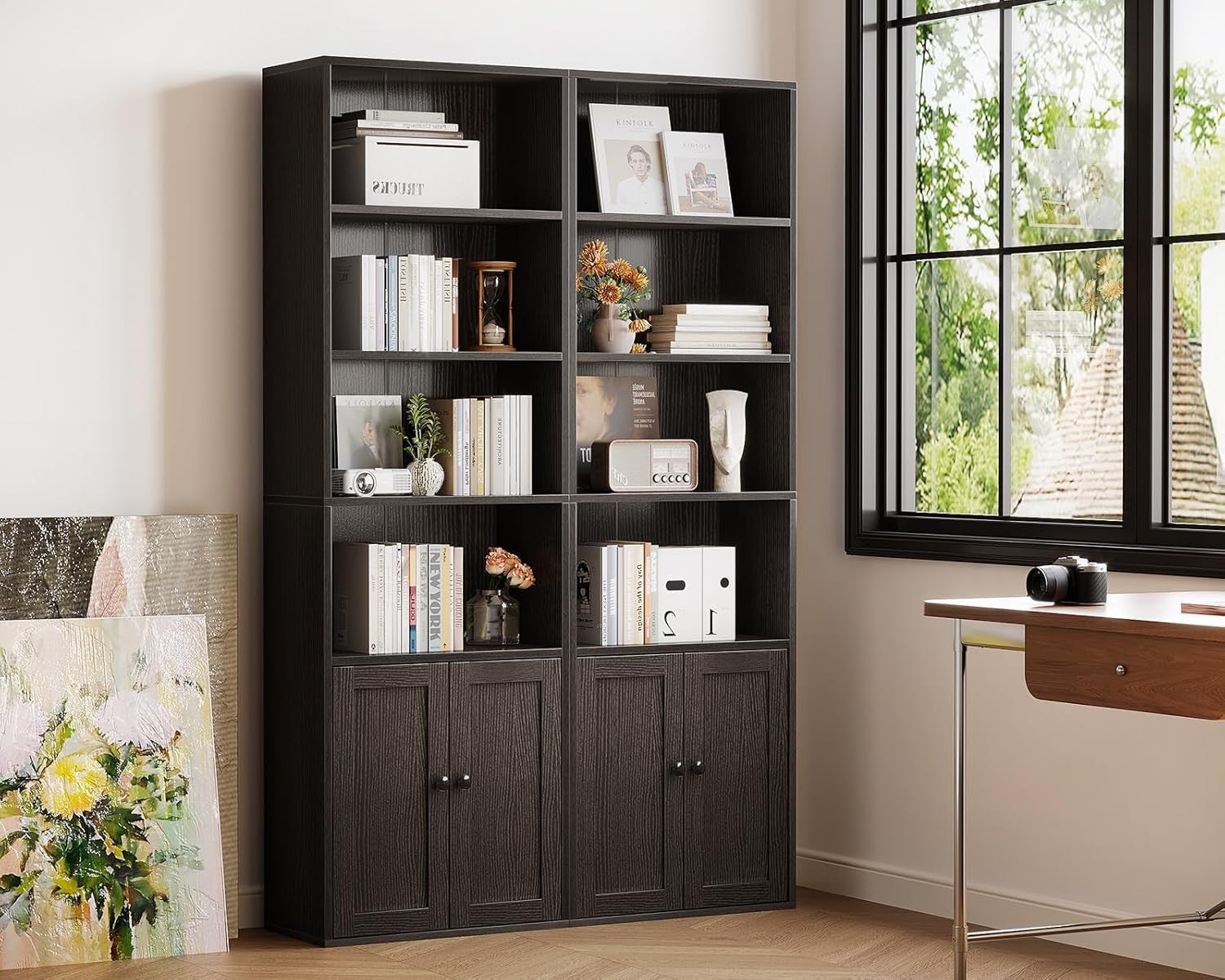 Tall 6 Tier Bookcase With Cabinet Storage Shelves Modern Freestanding Black