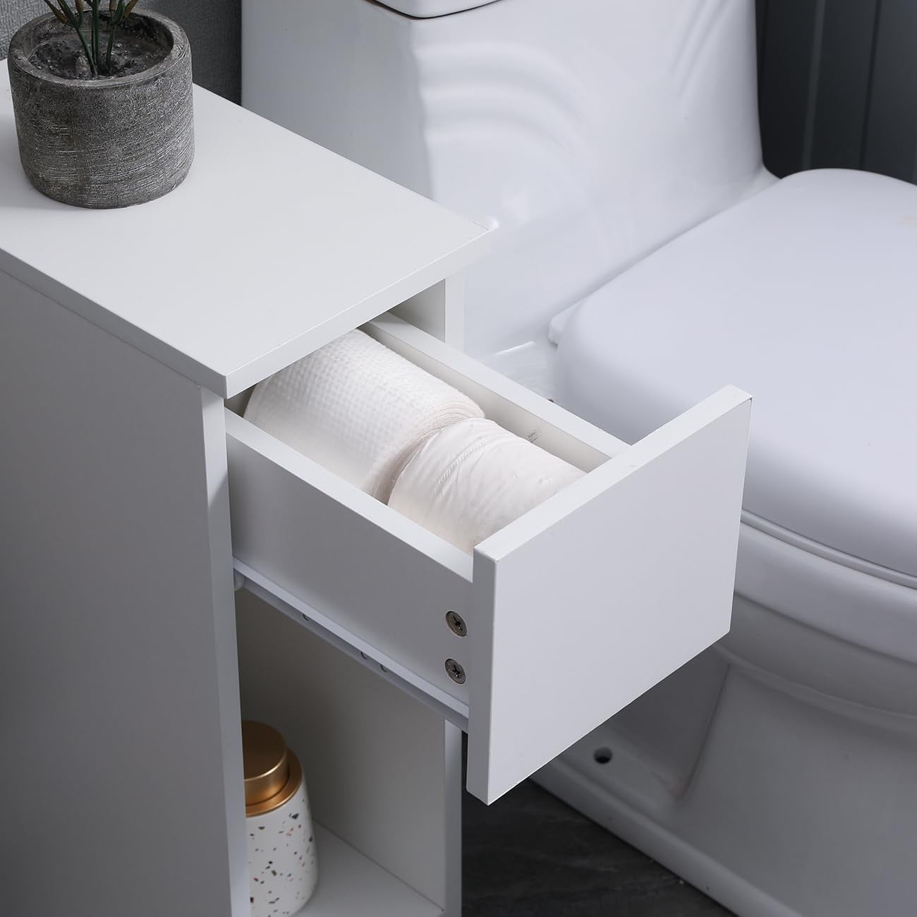 Slim White Bedside Table with Shelf & Drawer, Modern Narrow Nightstand for Small