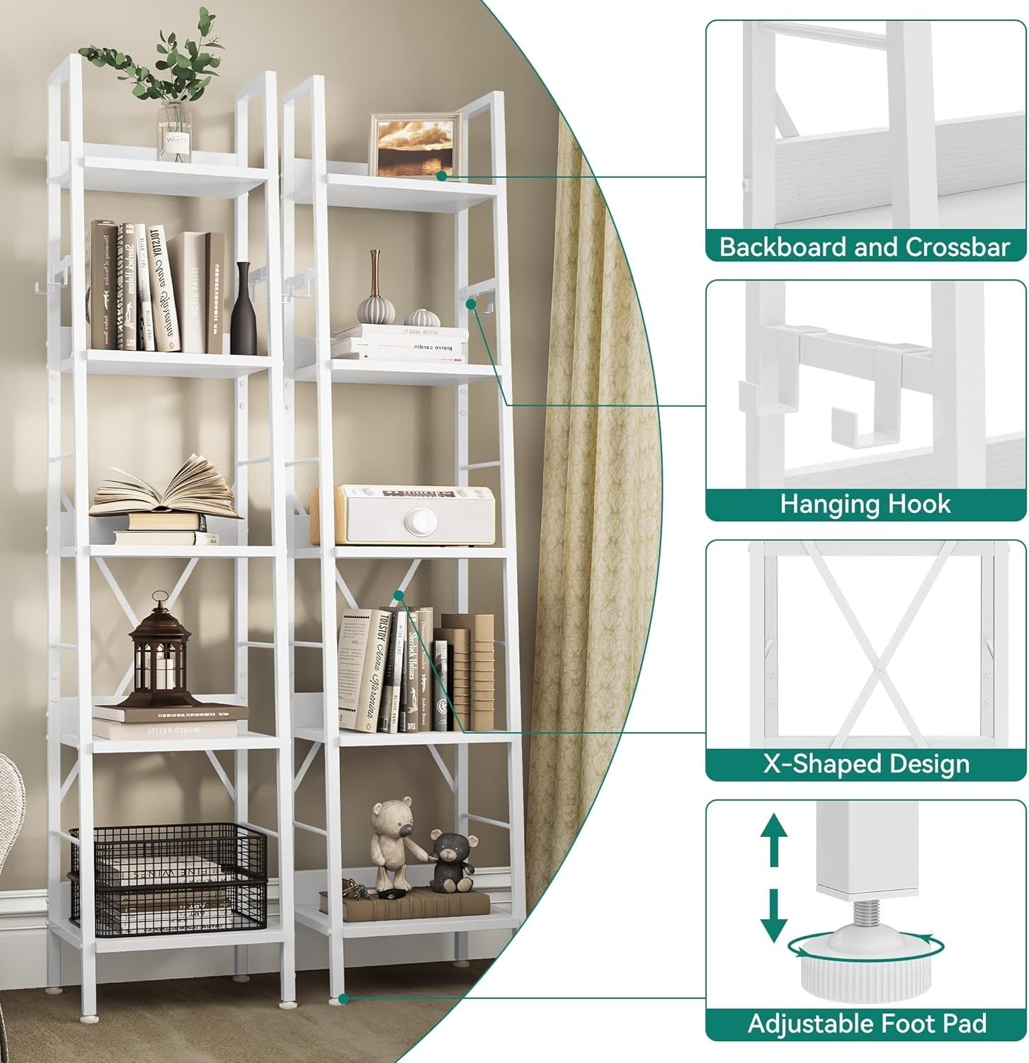 Slim 5 Tier Ladder Bookcase Narrow Storage Shelf Metal Wood White
