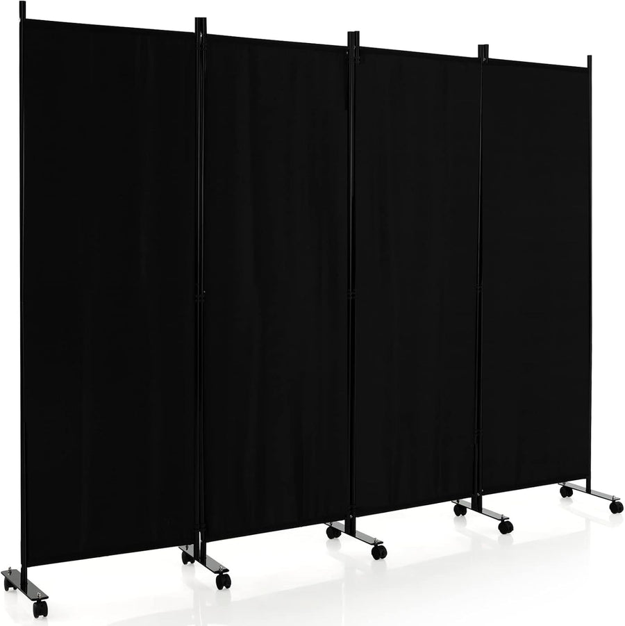 4 Panel Black Folding Room Divider Privacy Screen on Wheels for Home Office