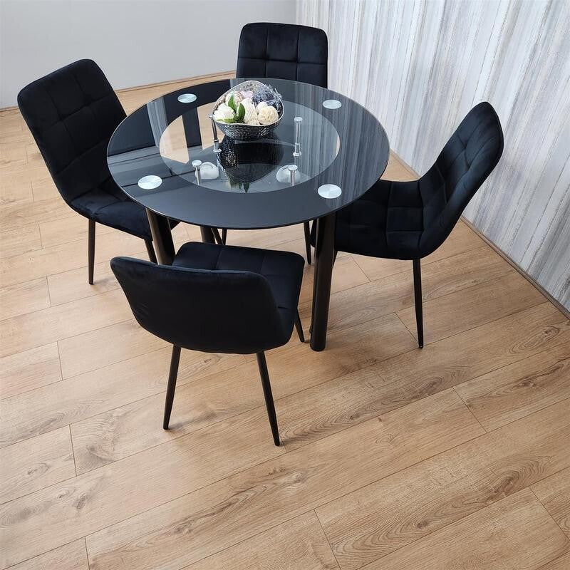 Round Black Glass Dining Table Set with 4 Tufted Chairs Modern Kitchen