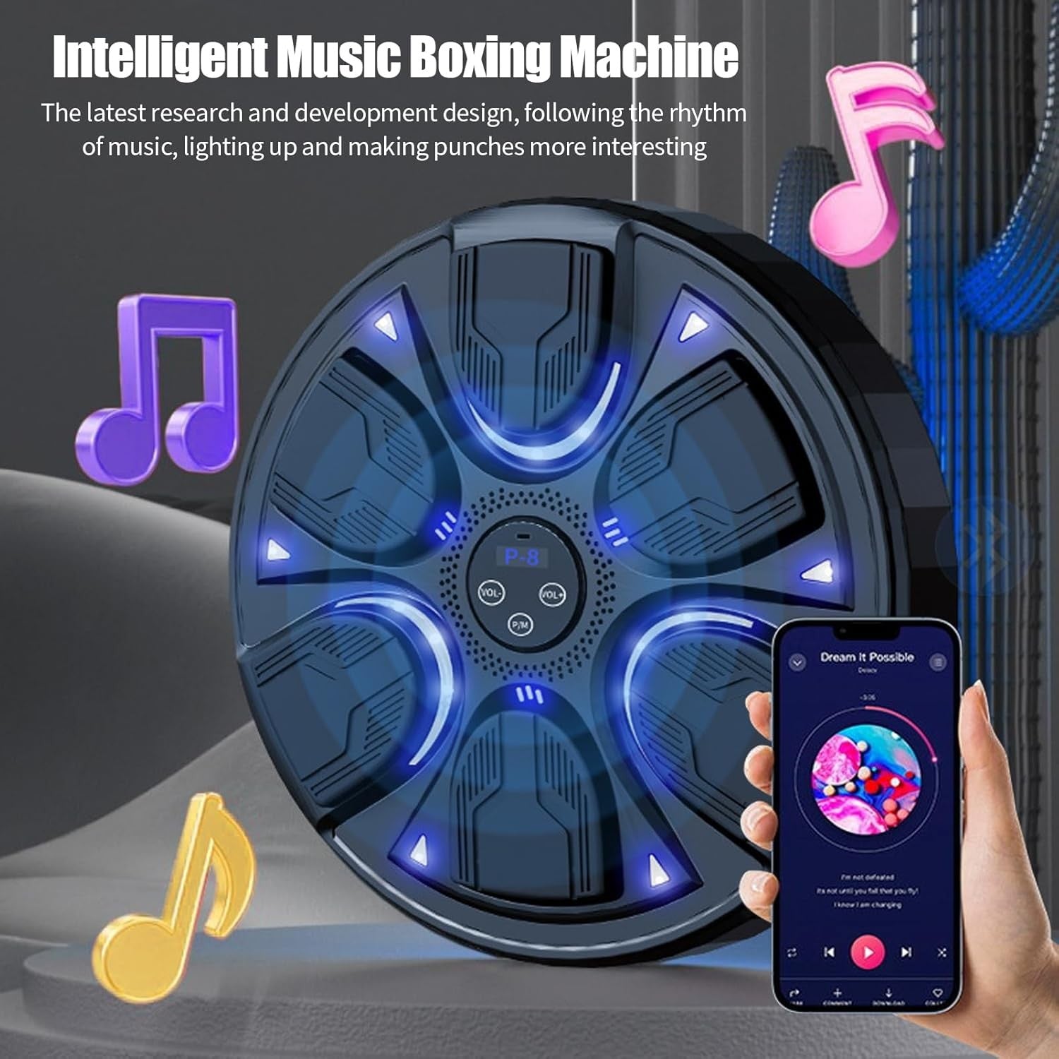Music Boxing Machine Black Blue LED Wall Punch Trainer with Gloves