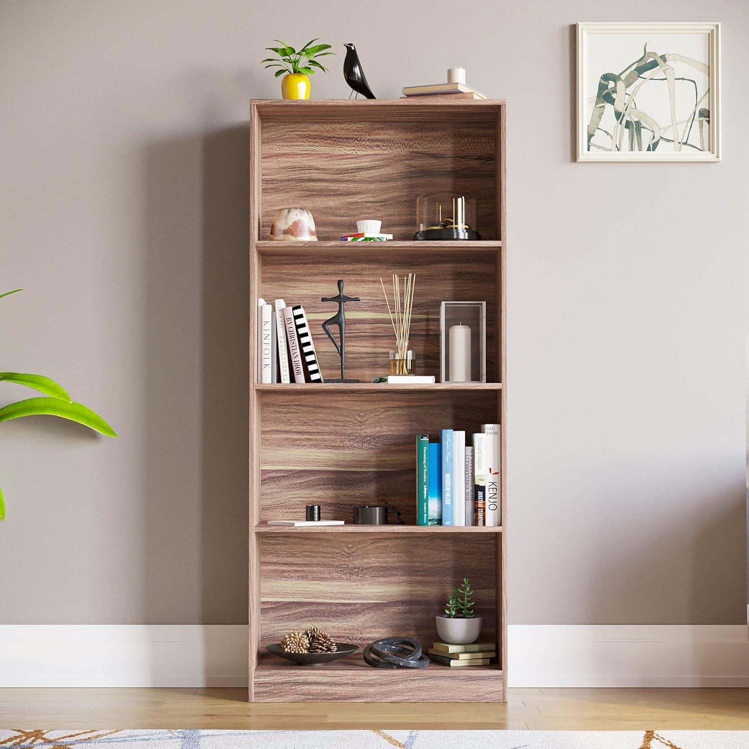 4 Tier Walnut Wooden Bookcase Modern Storage Display Shelf for Living Room