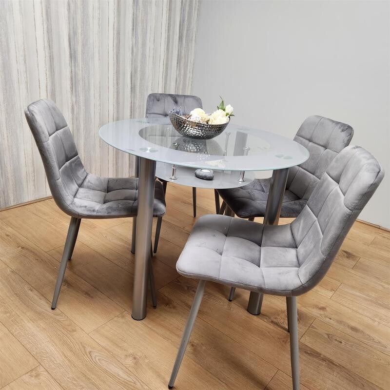 Round Glass Dining Table Set with 4 Grey Chairs Modern Kitchen Room