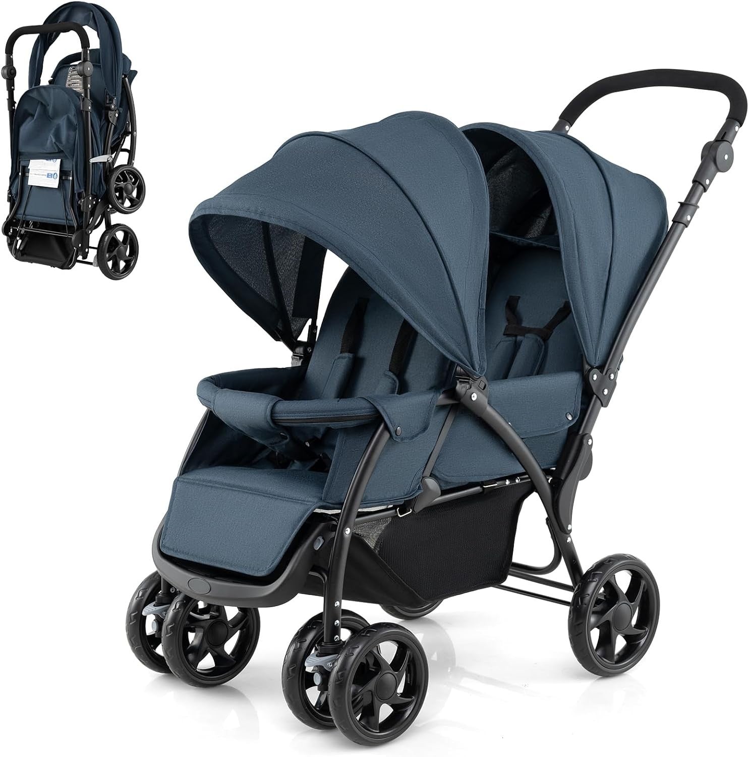 Twin Tandem Baby Stroller Navy Foldable Double Seat 5-Point Harness Sunshade