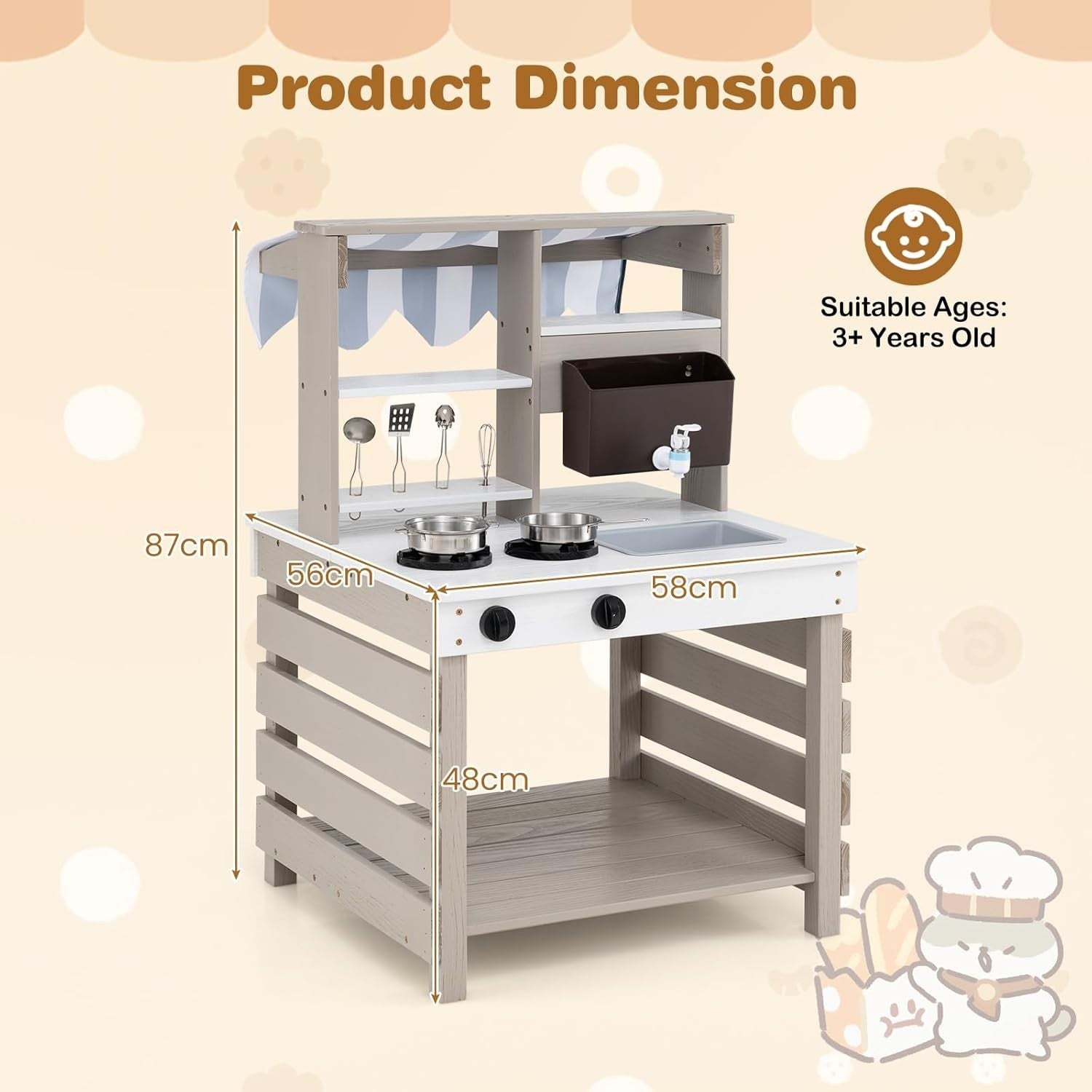 Outdoor Wooden Mud Kitchen Kids Play Cooker Grocery Stand Grey White