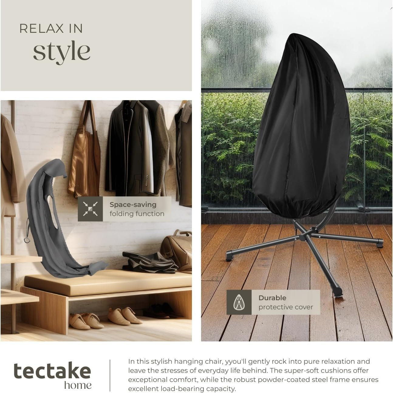 Swivel Hanging Egg Chair with Stand & Comfy Cushion for Indoor Outdoor Use