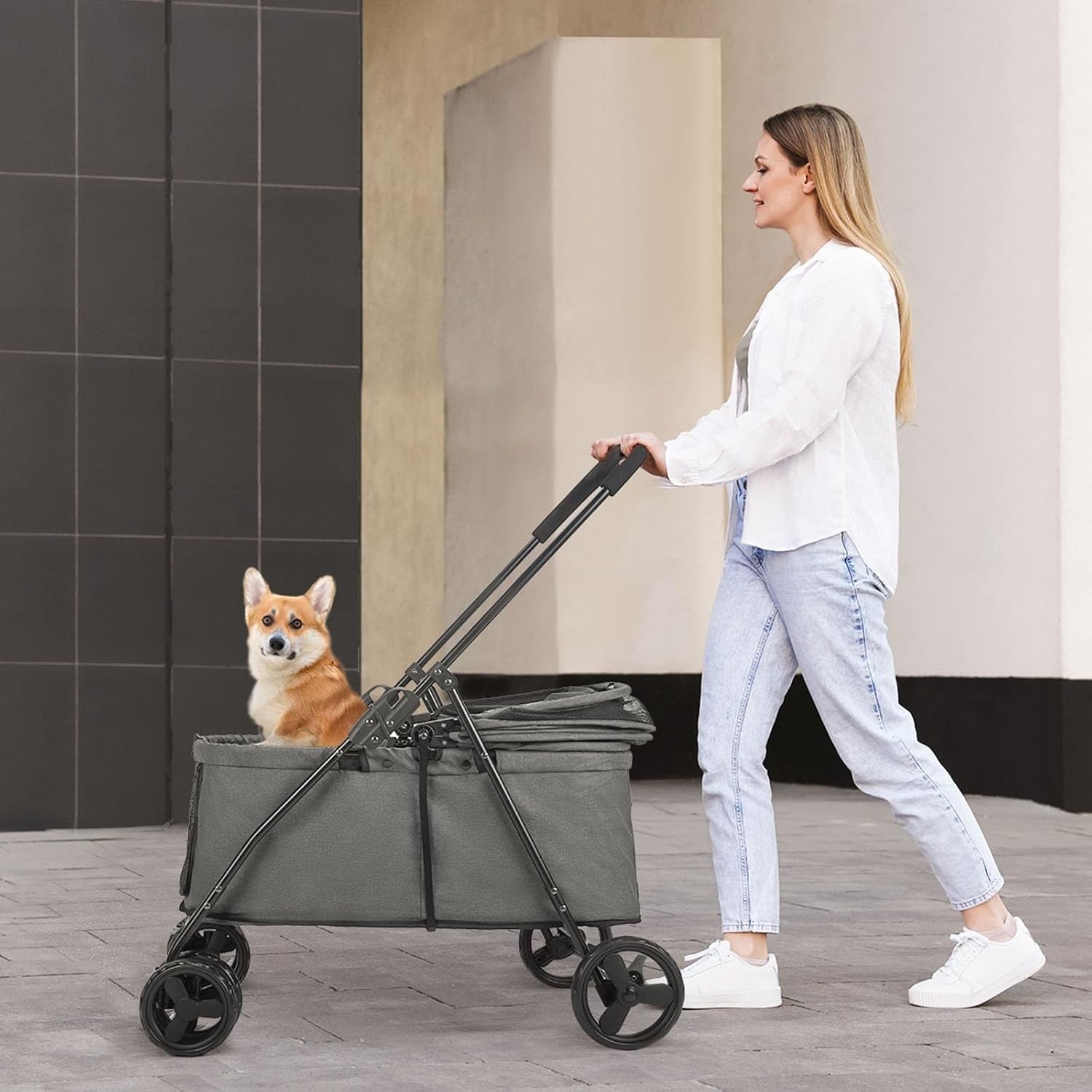 Dark Grey Dog Stroller 4 Wheel Heavy Duty Foldable Jogger Pram Small Medium