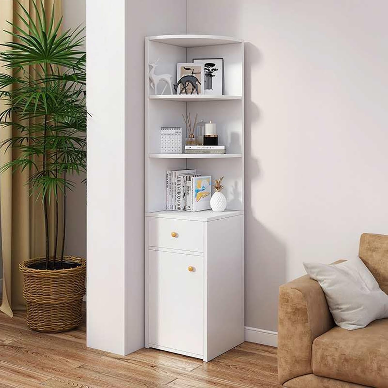 Corner Storage Cabinet White 3-Tier Shelves with Drawer & Door 150x30cm