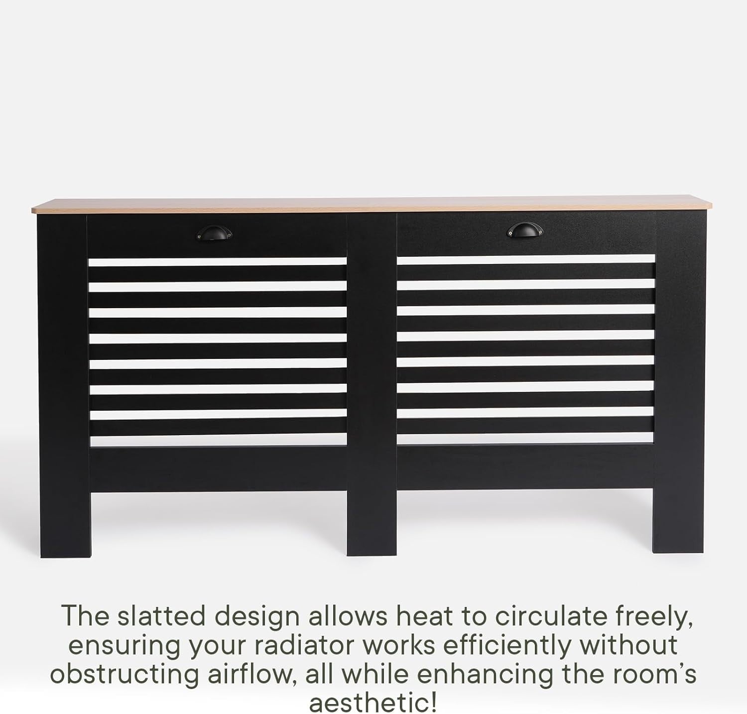 Large Black Radiator Cover with Oak Top – Modern MDF Slatted Cabinet